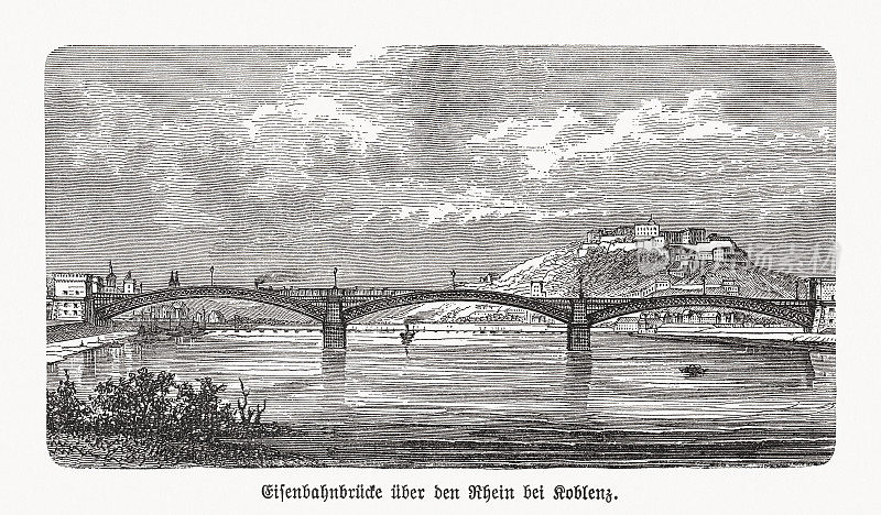 Old Pfaffendorf Bridge, Koblenz, Rhineland-Palatinate, Germany, wood engraving, published 1893